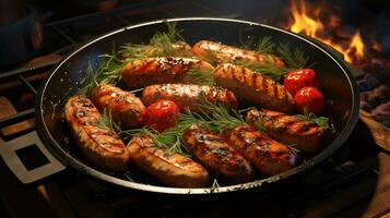 delicioso A la parrilla salchichas con Tomates en un fritura pan foto