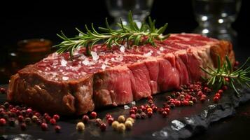 Juicy fresh red raw meat steaks lies on a cutting board in seasonings and pepper ready for cooking photo