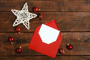 Mockup Vintage style blank the envelope Santa Claus wish list for New Year. Festive composition photo