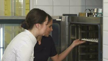 lindo fêmea pasteleiro e dela assistente examinando merengues dentro a forno video