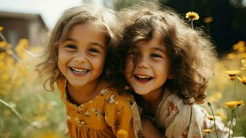 A young boy and girl smiling cheerfully at the camera outdoors.. Generative AI photo