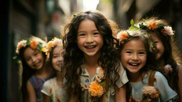 riendo pequeño muchachas con flores en su cabello. generativo ai foto