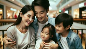 contento foto de asiático familia sentado en un centro comercial. generativo ai