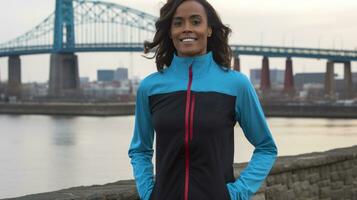 A confident female jogger on a bridge during sunrise. Generative AI photo