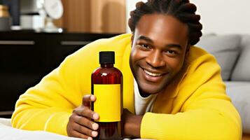 A smiling african man showcasing skincare products.. Generative AI photo