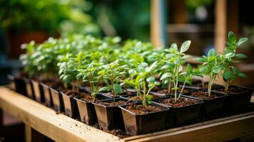 Small potted plants under sunlight.. Generative AI photo