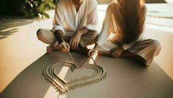 A couple sitting side by side is drawing heart shapes in the sand with sticks.. Generative AI photo