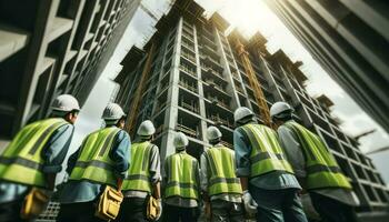 trabajadores en difícil sombreros y la seguridad chalecos inspeccionando un edificio debajo construcción.. generativo ai foto