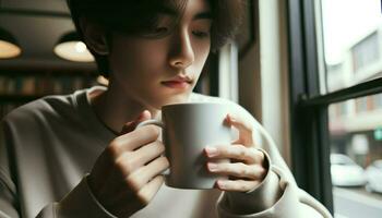 A young asian boy holding a blank white mug, looking out of a cafe window. Generative AI photo