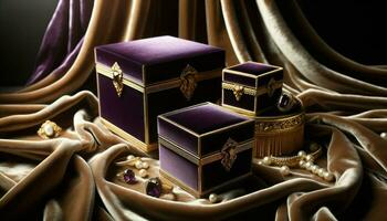 Close-up photo of blank elegant jewelry boxes prominently displayed in the foreground, adopting a royal purple and gold accent color palette.. Generative AI