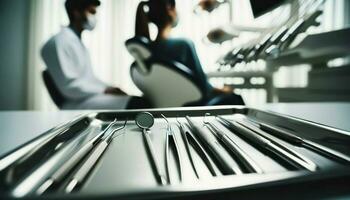 A close-up shot of dental instruments neatly arranged on a tray, with the blurred silhouette of the dentist and patient in the background.. Generative AI photo