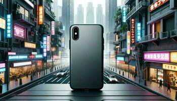 The large photo of the empty stylish smartphone prominently displayed in the foreground showcases the urban gray and tech black color scheme.. Generative AI