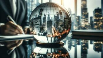 A close-up shot of a crystal globe on a business executive's desk, with reflections of tall skyscrapers and the city's hustle and bustle.. Generative AI photo