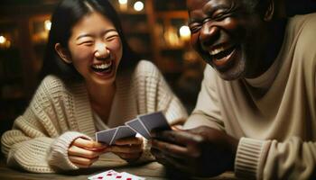 Close-up of a young Asian woman and a middle-aged African man laughing heartily as they play a spirited game of cards at a wooden table.. Generative AI photo