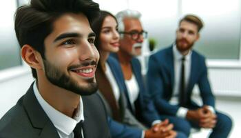 Photo of a diverse group of businesspeople in a discussion, with a close-up on the face of a Hispanic male participant. Generative AI