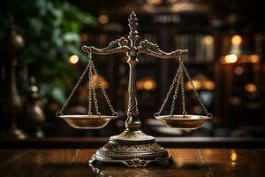 ley y justicia concepto. escamas de justicia en de madera mesa. ai generativo foto