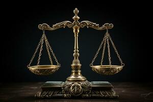 ley y justicia concepto. escamas de justicia en de madera mesa. ai generativo foto