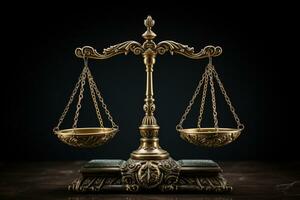 Law and justice concept. Scales of justice on wooden table. Ai generative photo