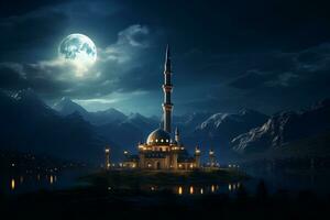 Ramadan Kareem mosque on the lake at night in full moon light Ai generative photo