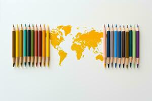 Colored pencils with world map on white background. Top view Ai generative photo