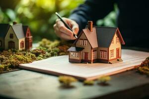 House model on a wooden table with a notebook and a pen. Ai generative photo