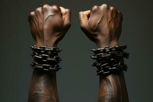 Close-up image of human hands with chained hands against dark background Ai generative photo
