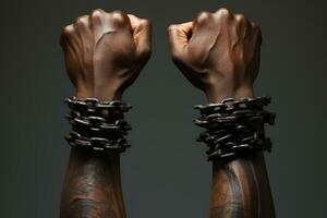 Close-up image of human hands with chained hands against dark background Ai generative photo