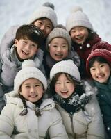 grupo de niños jugando teniendo divertido en el nieve. generativo ai foto