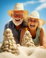 An elderly couple is building a sand castle on the beach. Generative AI photo