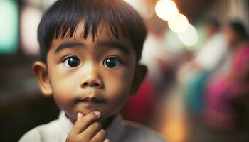 un joven chico con grande ojos curioso directamente a el cámara con un curioso expresión.. generativo ai foto