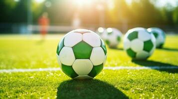 Soccer ball on green grass with sun shining in the background.. Generative AI photo