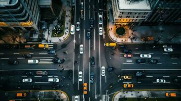 An aerial view of a bustling city intersection, captured in an image.. Generative AI photo