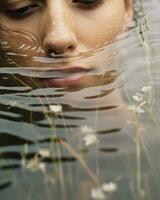 Minimalistic photography captures the peacefulness of a woman submerged in water with her eyes closed.. Generative AI photo