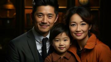 asiático madre, padre y hijo posando juntos. generativo ai foto