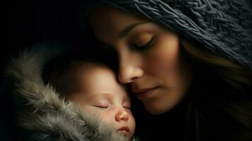 un madre y su bebé envuelto en un pacífico abarcar.. generativo ai foto