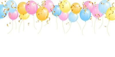 pastel globos y papel picado frontera marco para fiesta, cumpleaños, día festivo, web, bandera con Copiar espacio vector