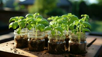 Small potted plants under sunlight.. Generative AI photo