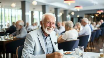 A cheerful elderly man enjoying his meal.. Generative AI photo