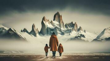 Father and his children walking towards a surreal landscape of floating mountains.. Generative AI photo