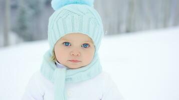 niñito en un bebe azul invierno atuendo y gorro, mirando grave.. generativo ai foto