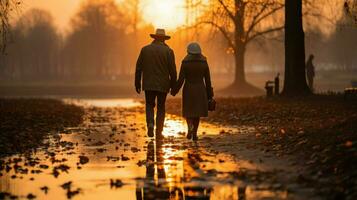 Two senior individuals walking together in a park during autumn.. Generative AI photo