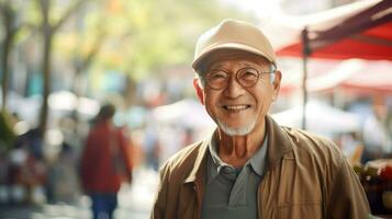 Asian old man visiting a street market in the streets of Asia. Generative AI photo