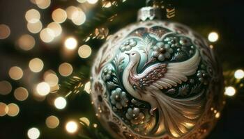 Close-up perspective of a delicate hand-painted Christmas ornament, reflecting the soft lights of the Christmas tree.. Generative AI photo