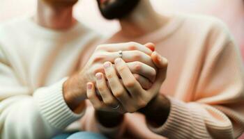 A heartfelt close-up of two men, one of European descent and the other of Indigenous descent, holding hands with intertwined fingers. Generative AI photo