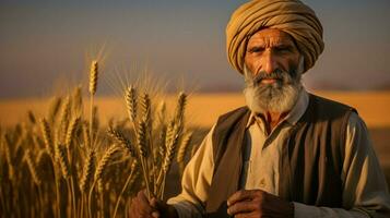 Old farmer standing in his field and holding wheat in his hands. Generative AI photo