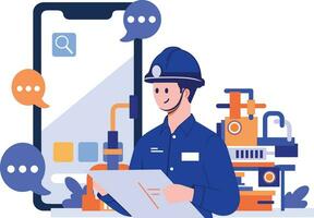 Hand Drawn Engineer or repairman character with smartphone in online repair concept in flat style vector