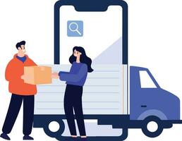 Hand Drawn Delivery man character with truck In the concept of online delivery in flat style vector