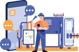 Hand Drawn Engineer or repairman character with smartphone in online repair concept in flat style vector