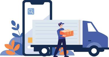 mano dibujado entrega hombre personaje con camión en el concepto de en línea entrega en plano estilo vector