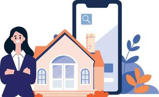 Hand Drawn House broker character with smartphone In Concept Real Estate Online in flat style vector